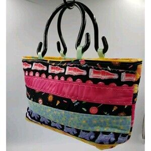 Handmade Quilted Small Tote Bold Colorful Fun Fabric Hand Bag Purse Baguette 14"